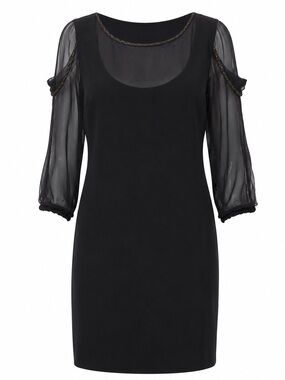 New MOSCHINO Silk Chain Link Black Cold-Shoulder Sheer Sleeve Dress Size 10